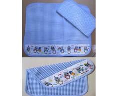 Set Colazione per Asilo Tovaglietta cm 38x48 Tovagliolo cm 30x30 Busta cm 18x27 chiusa cm 36x27 aperta. Cotone 100%. Con balza Gufetti applicata