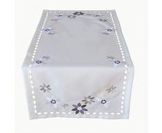 Raebel - Runner da tavolo, centrotavola, decorazione per la tavola primaverile, grigio, fiori e foglie (40 x 85 cm)