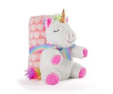 PERLETTI Coperta Neonato con Peluche Unicorno Morbida e Calda - Mussola Bimbo Bimba 0 1 2 3 Anni con Pupazzo - Plaid Invernale Bambini Bambine Bianco Rosa con Fiocco - 120x80 cm (Unicorno Bianco)
