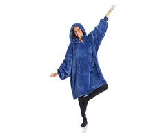 KANGURU Coperta Felpa Hoodie Oversize BLU con cappuccio, felpa, coperta con maniche, felpa coperta in pile 100% MICROFIBRA, taglia oversize per adulti, poncho, felpa plaid
