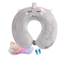 JFAN Cuscini Da Viaggio Cuscino Cervicale Aereo Cerniera Sfoderabile Motivo A Cartoni Animati In Cuscino Collo Set di Mascherine per Gli Occhi e Tappi per le Orecchie per Poggiatesta,grigio