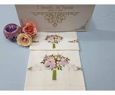 Spettacolari Asciugamani 1+1 Puro Lino Ricamo Bouquet in Punto Pieno a Mano