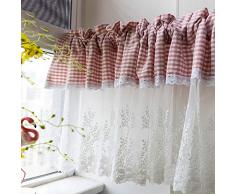FACC Tende Shabby Chic Cucina, Mantovane per Tende, Tende per Finestre Piccole, Tende Bagno, Tenda Corta con Cuciture in Pizzo Bianco Scozzese Rosa, per Bar Cucina Camera