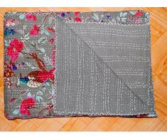 Indian Coperta in cotone Copriletto Kantha, fatto a mano, in stile Vintage, con trapunta, Copriletto reversibile per letto matrimoniale, in cotone, motivo etnico Bedsheet Gudari reversibile, trapunta Indian Kantha Kantha, riciclati