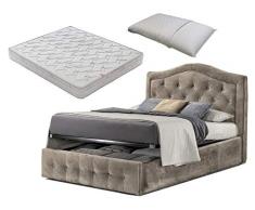 SARDAMATERASSI Letto piazza e mezza con box contenitore velluto beige designe + materasso piazza e mezza 120x190 memory foam+ guanciale memory saponetta sfoderabile