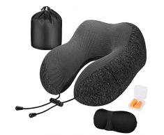 Masswish Cuscino da Viaggio Collo, Cuscino Aereo Memory Foam, Cuscino Cervicale da Viaggio Portatile, Viaggio Accessori Utili, Inclusa Maschera per Dormir, Tappi auricolari, Borsa per Trasporto, Nero