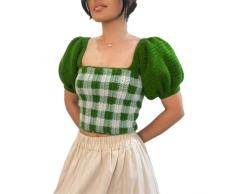 LVBJ Delle donne scava fuori alluncinetto crop top quadrato collo manica corta contrasto colore plaid pullover Streetwear, Verde, M