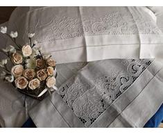 Spettacolare Lenzuolo Puro Lino 100% Ricamo Angeli Intaglio e Punto Pieno a Mano