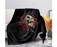 Hugs Idea, Coperta in morbido pile Sherpa spesso con motivo vintage gotico con scheletro e rose rosa, decorativa, per la casa, per uomini e donne, per alleviare la pressione, 2XL