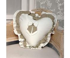 Cuscino Arredo a Forma di Cuore con Volant Stile Provenzale Shabby Chic, Cuscino completo dImbottitura (Avorio Chiaro/Tortora)