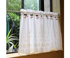A.Monamour Tenda Corta per Finestra Piccola Pizzo Bianco Ricamo Fiore Di Cotone Con Decoro Ciliegia Opaco Tendina Tenda da Cucina Bistrot Caffè Mezza Tenda Mantovana Tenda a Vetro Tenda a Pannello