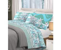 PENSIERI DELICATI Completo Lenzuola 100% Cotone Letto Matrimoniale 2 Posti Stampa Marina Verde -