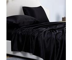 Completo Lenzuola Raso Singolo Tinta Unita 100x190x36 cm - Lenzuola Sotto con Angoli, Lenzuolo Sopra, 1 Federa - Biancheria da Letto Satin 3 Pezzi - Nero