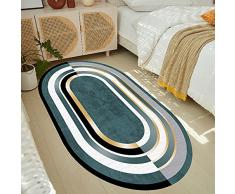makeups1 Moderno Antiscivolo Lavabile Tappeto Ovale Soggiorno Camera da letto Bagno Cucina Morbido Tappeto, Cuciture geometriche blu-grigie linee gialle,70 x 140 cm