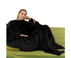 Winthome Comoda coperta portatile con maniche Morbido e caldo per i fan del divano. Due taglie con braccia elastiche e Hook and Loop (140 x 180cm, Nero)