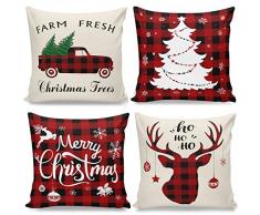 Hillylolly Federe Natalizie 4 Pezzi Cuscini Natalizi per Divano rossa, Lino Fodera per Cuscino Natalizio, Renna Albero di Natale Copricuscini Divano Natale, Natale Federe Decorative 45x45cm