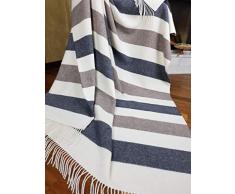 Coperta in cashmere, 100% lana, 140 x 200 cm, coperta a quadri, molto morbida, plaid "Faro" , Lana, Grau-weiß-braun 2 (Streifen), 140 x 200 cm
