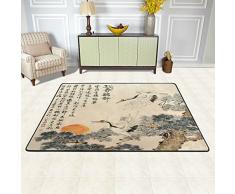 Naanle tradizionale giapponese pittura tappeto antiscivolo per per camera da letto, soggiorno, cucina 50 x 80 cm (1.7 'x 2.6' ft), Japan Crane Pine Tree Sun nursery tappeto pavimento tappetino yoga, Multi, 60 x 90 cm(2' x 3')