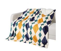 Queenshin Coperta in Pile Matrimoniale in Flanella Multicolore Quadri, 460 GSM Plaid Divano Super Morbida e Comfort per Letto 150 x 200 cm, Gialla