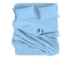 Completo Letto in Cotone Tinta unita, Biancheria da Letto in Cotone Set Completo Lenzuolo Sotto, Lenzuolo Sopra, Federe (Singolo, Azzurro)