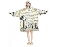 Felpa con cappuccio indossabile,Felpa con cappuccio oversize coperta,Vintage Love Partiture Bird Flower, Multicolore, taglia unica