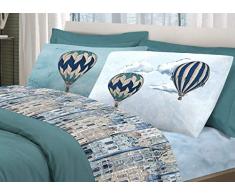 Biancheriastore New style at home Set lenzuola Letto Singolo Mongolfiere Città Completo Letto 1 piazza Cotone Made in Italy Lenzuolo sopra 160x300 + sotto con Angoli 90x200 + Federa 52x82 - Azzurro