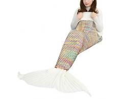 Remeehi, coperta a forma di coda di sirena per adulti e bambini, trapunta per pisolini, sacco a pelo, in pile corallo, lavorata all'uncinetto, per tutte le stagioni, bianco, 71*35 Inch