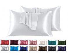 Set di 2 Federe in Raso 50 x 80 cm Grigio, Federa Cuscino Letto Morbida e Setosa al Tatto, Chiusura a Busta, Antiacaro e Ipoallergico, Protezione Capelli e Pelle & Antirughe