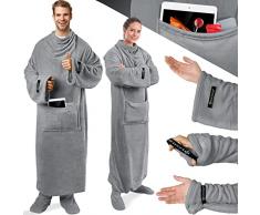 KESSER® - Coperta per guardare la TV soffice con maniche e tasca per piedi, extra morbida, 140 x 200 cm, con tasca esterna 2 in 1, coperta per divano, copre tutto il corpo, con maniche. Grigio