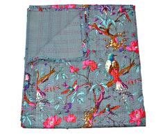 Etnico Artigianato Grigio Kantha Quilt, Kantha Coperta, Queen Quilt, Bird Stampa Kantha copriletto, Fatto a Mano Kantha copriletto Ricamato,