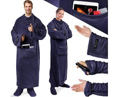 Kesser® - Coperta per Guardare la TV soffice con Maniche e Tasca per Piedi, Extra Morbida, 140 x 200 cm, con Tasca Esterna 2 in 1, Coperta per Divano, Copre Tutto Il Corpo, con Maniche. Navy Blu