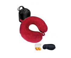NavoX Cuscino da viaggio Cuscino collo in memory foam Cuscino di supporto, Maschera per dormire/tappo per le orecchie/sacchetto, confezione rapida compatta e leggera per campeggio,voli (Rosso)
