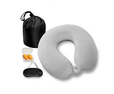 NavoX Cuscino da viaggio Cuscino collo in memory foam Cuscino di supporto, Maschera per dormire/tappo per le orecchie/sacchetto, confezione rapida compatta e leggera per campeggio,voli (Grigio)