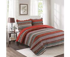 Copriletto Trapuntato 3 Pezzi Set Cotone Matrimoniale King Size 230CM * 250CM Trapunta Patchwork Etnico a Righe Include 1 Copriletti e 2 Federe Red