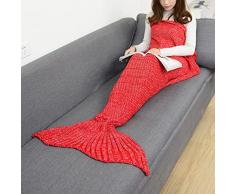 UKKO Coperta Cappuccio Coperta di Tail della Sirena Coperte della Sirena DellUncinetto per Adulti Super Morbido Tutte Le Stagioni Che Dormono A Maglia-Watermelon Red,180X80Cm Adults