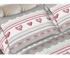 il dolce stile della tua casa - completo calde lenzuola invernali matrimoniali FLANELLA ANTIPILLING puro cotone stampa CUORE SHABBY (rosso)