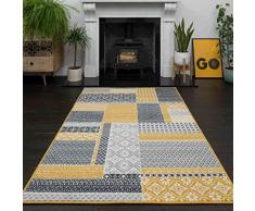 The Rug House Milan Tappeto con Motivo Patchwork a Quadri nei Colori Ocra Giallo Mostarda Grigio Beige per Salotto Tradizionale 120cm x 170cm