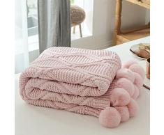 LEEYOX Coperta Coperta a Maglia Chic con Palline di ciniglia allUncinetto Copriletto Caldo Coperte Rosa per Divano Letto