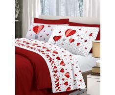 Set Lenzuola Letto Mongolfiere Cuori | Completo in Cotone Made in Italy| Lenzuolo sopra + sotto con Angoli + Federa/e con Stampa in Entrambi i Lati | - 2 piazze - Rosso