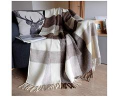 LINEN & COTTON Plaid Copriletto Morbido e Spesso Devon a Scacchi con Frange -100% Pura Lana Neozelandese, Marrone Beige Bianco (140x 200 cm) Coperte Invernali per Letto Divano Singolo Matrimoniale