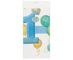 Unique Party 23943 - Tovaglia Plastificata di Compleanno Palloncini Blu Primo Compleanno, 213 x 137 cm