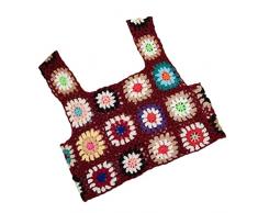 Donne Spiaggia Senza Maniche Crop Tank Top A Mano Scava Fuori Uncinetto Maglia Mini Vest Boho Colorful Plaid Floreali, Rosso, S/XL