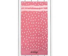 DecoKing, telo mare grande, 90 x 180 cm, in cotone, spugna, velluto, asciugamano da bagno, rosa, bianco, a righe, rosa, con scritta “holiday”