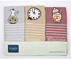 Vingi Set 3 Strofinacci da Cucina Art. Cucina, Spugna 100% Cotone, Misura 47 x 70 Colore Rosa Antico, Beige, Grigio