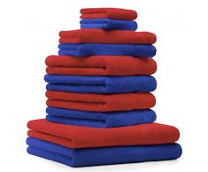 Il set di 10 asciugamani Premium, colore: Blu reale e Rosso. 2 Asciugamani da doccia, 4 asciugamani, 2 asciugamani per gli ospiti, 2 guanti da bagno