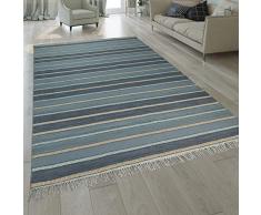 Annodato A Mano Kilim Tappeto Design A Strisce Prezioso con Frange in Turchese, Dimensione:120x170 cm