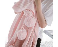 Blanketswarm Nuovo lavorato a maglia coperta,100% cotone morbido pompon Fringe, ipoallergenico a righe a trecce coperta, divano/letto/divano copertura (90 x 90 cm), Cotone, rosa, 90 x 90 cm