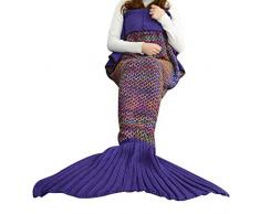 Remeehi coperta a forma di coda di sirena per adulti e bambini, trapunta per pisolini, sacco a pelo, in pile corallo, lavorata all'uncinetto per tutte le stagioni,Blue, 55*27.5 Inch