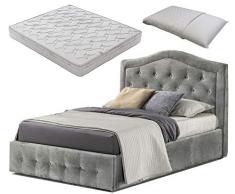 SARDAMATERASSI-Letto 1 piazza e mezza con box contenitore velluto grigio + materasso piazza e mezza 120x190 memory foam+Omaggio Guanciale memory