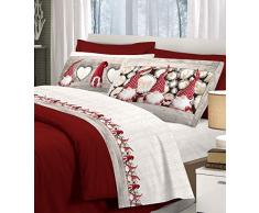 Completo Lenzuola GNOMI Natale Rosso 100% Cotone Made in Italy (Matrimoniale)